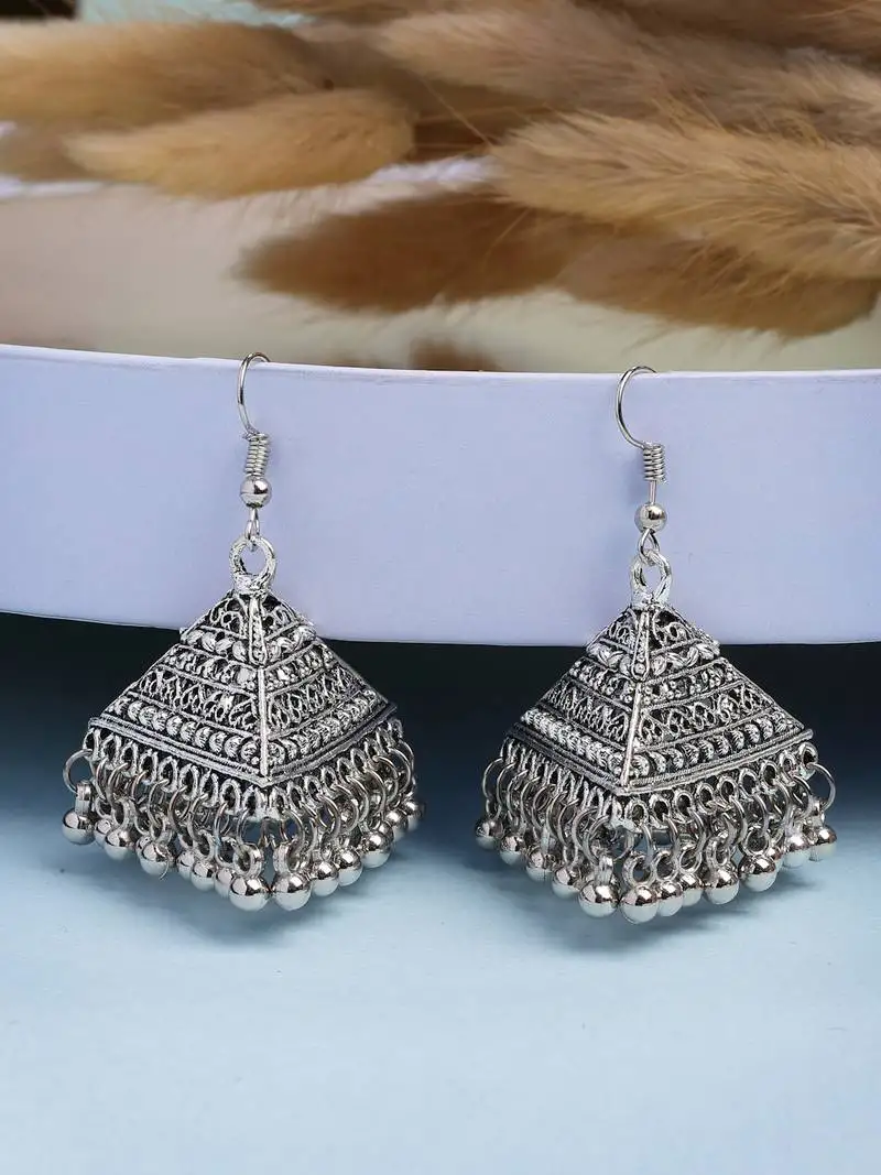 women's triangular shaped hook silver plating oxidized jhumka earrings