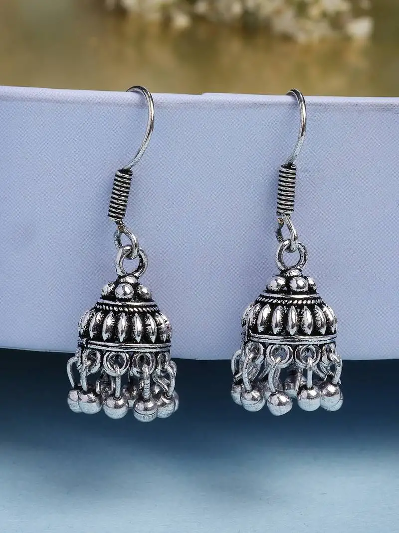 women's traditional silver plated oxidized jhumka earrings