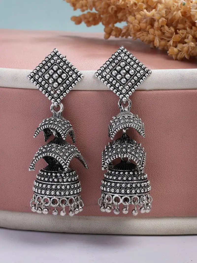 women's traditional oxidized silver plated jhumka earrings