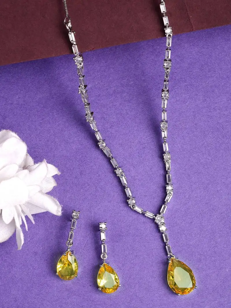 women's silver-plated yellow american diamond-studded handcrafted jewellery set