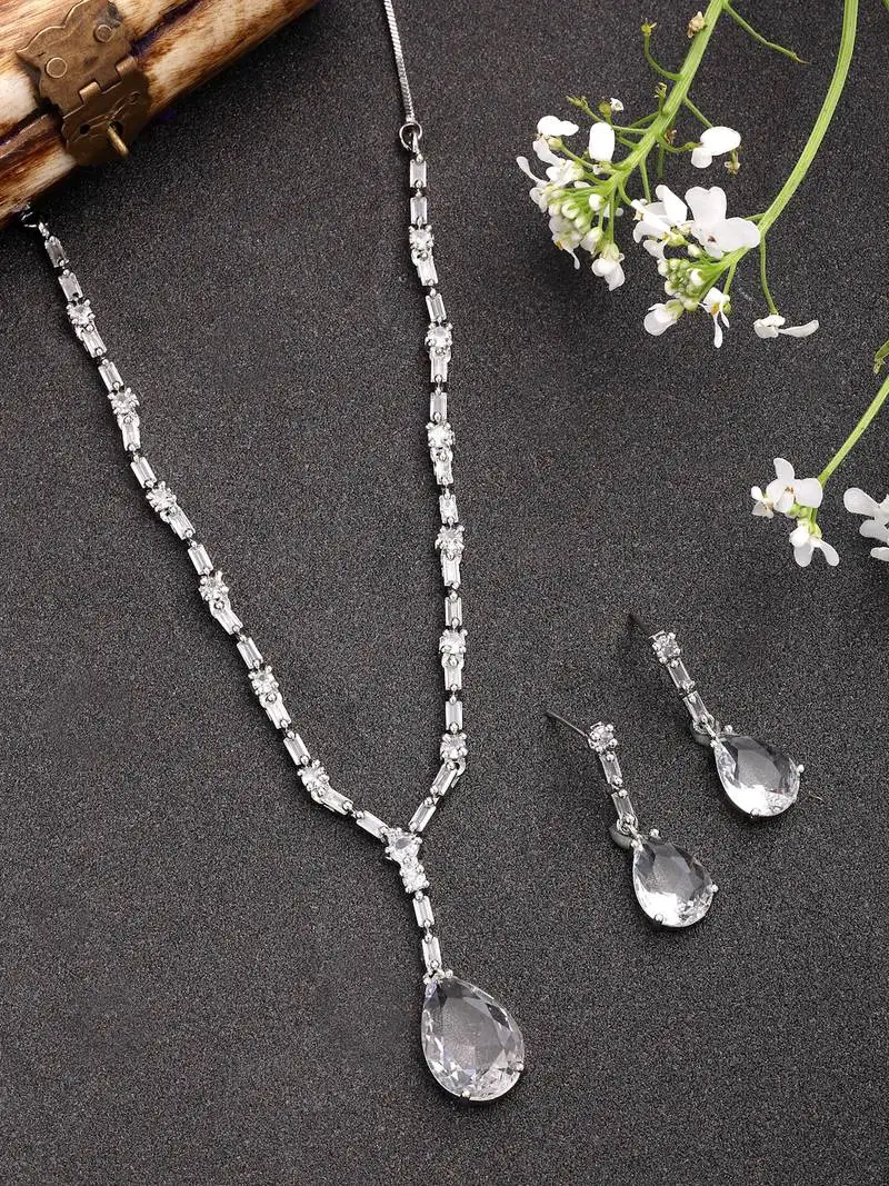 women's silver-plated white american diamond-studded handcrafted jewellery set