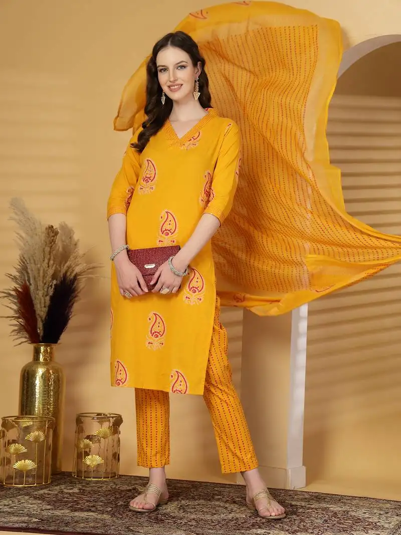 Yellow women printed aline kurta pant with dupatta set