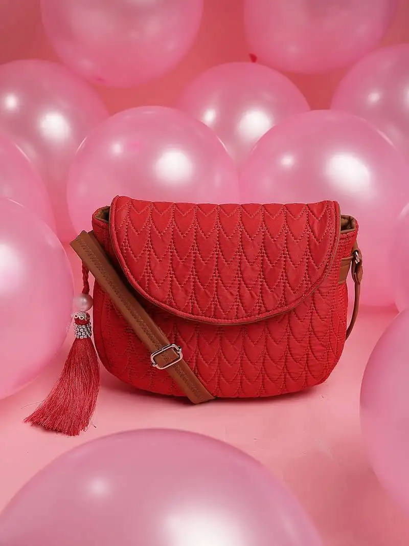 Uno valentine red & tan polyester & vegan leather chevron quilted sling bag