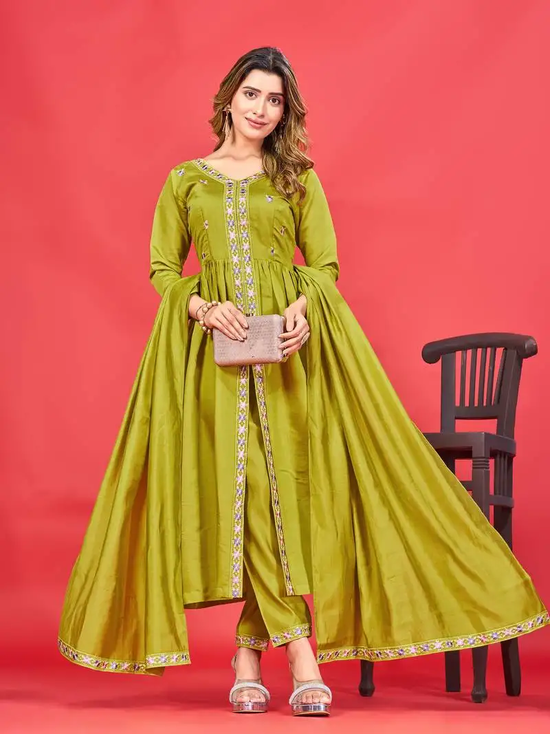 Womens latest pure art silk embroidery work kurta set