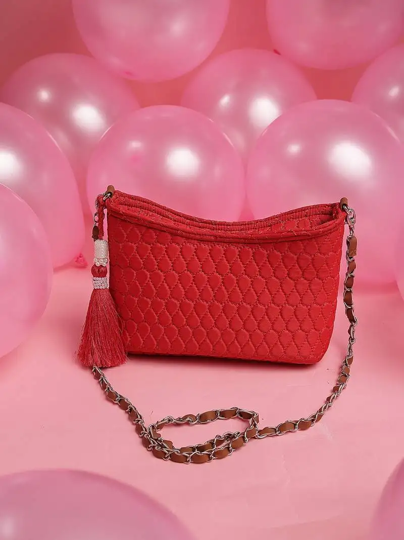 Amour valentine red & tan polyester & vegan leather chevron quilted sling bag