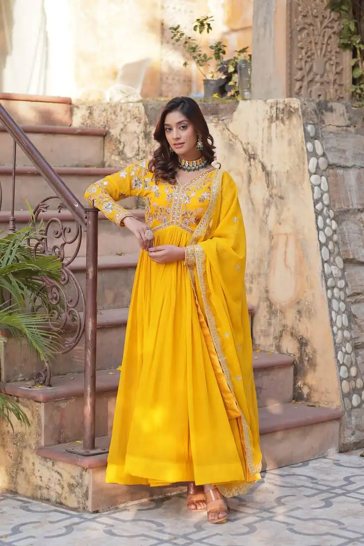 Yellow georgette fabric embroidered ceremonial gown with dupatta