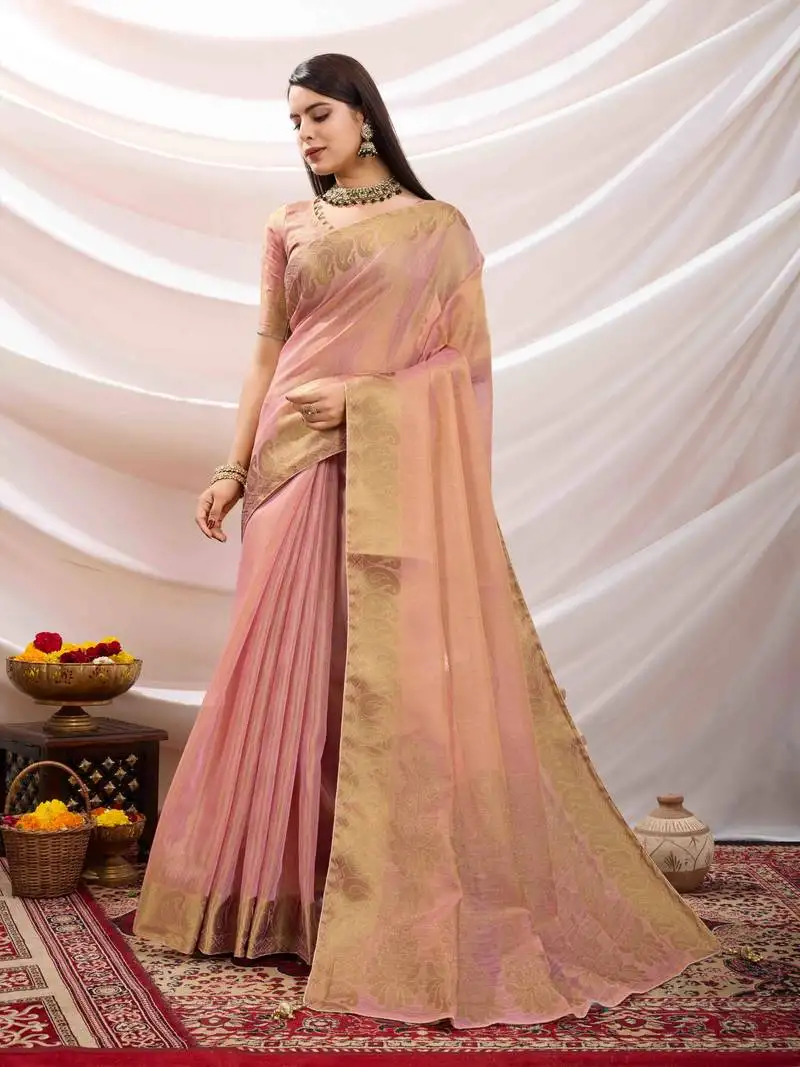 Baby pink zari woven linen jacquard saree with unstitched blouse piece