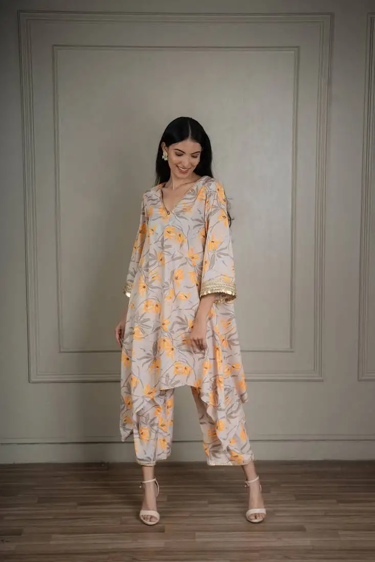 Beige printed co-ord set with coin detailing (set of 2)