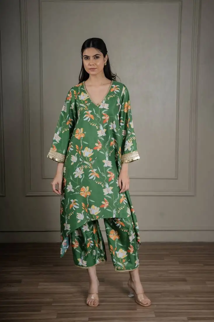 Green printed co-ord set with coin detailing (set of 2)