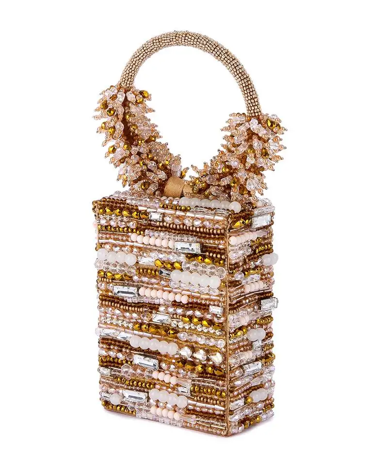 Beige raw silk hand embroidered clutch bag