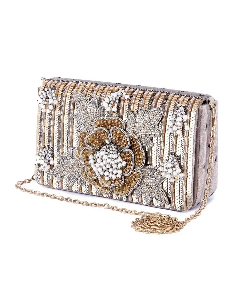 White velvet hand embroidered clutch bag