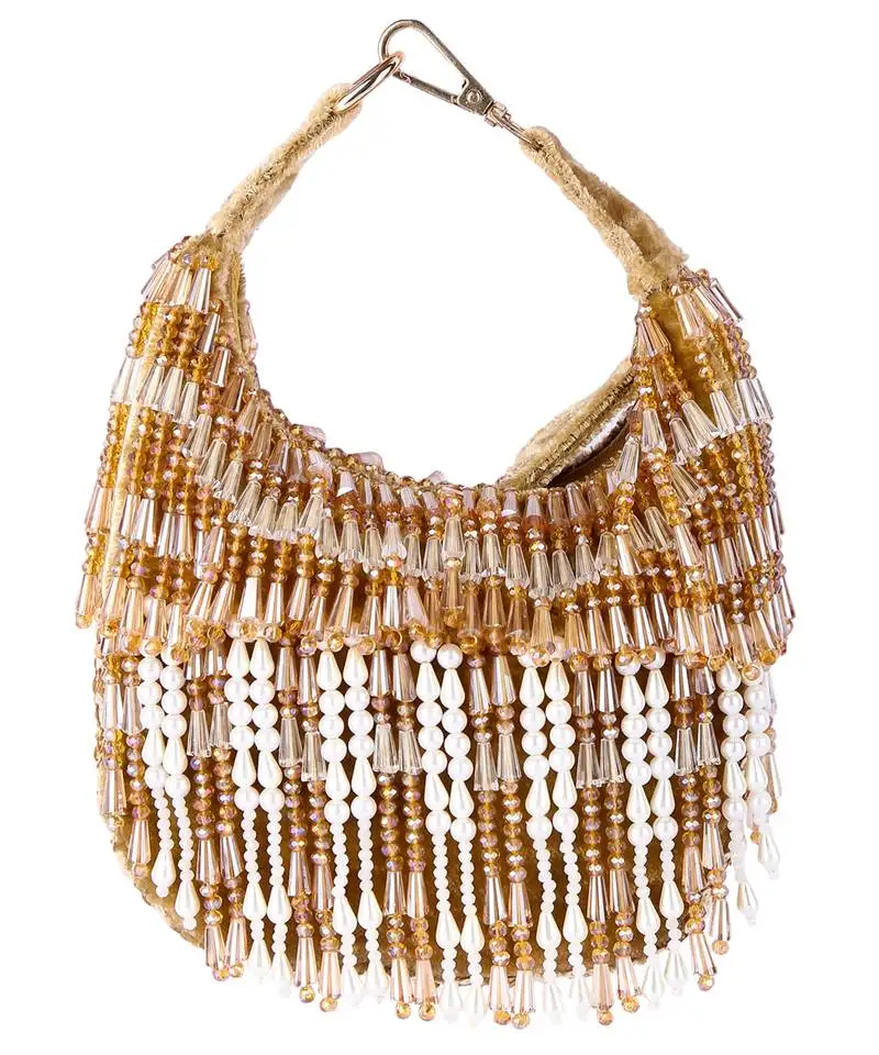 Gold velvet hand embroidered clutch bag