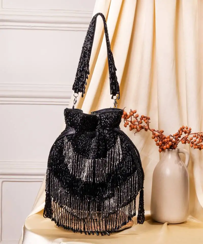 Black raw silk hand embroidered potli bag