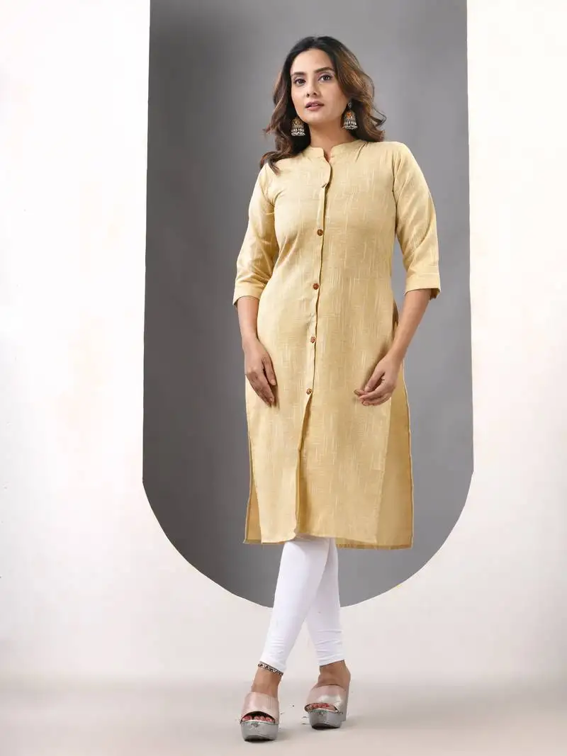 Beige solid cotton straight kurta
