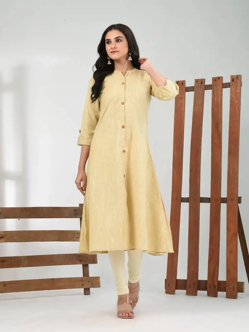 Beige solid cotton a-line kurta