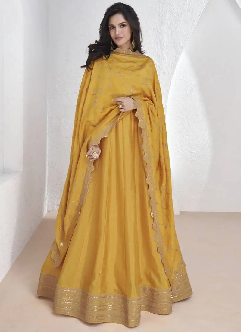 Yellow vichitra silk sequence anarkali suit semi stitched