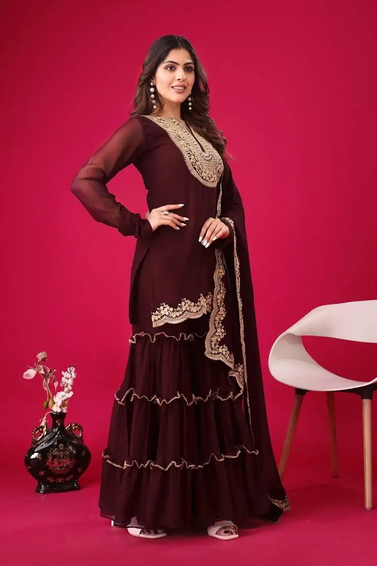 Wine sequins embroidered thread georgette salwar kameez set stitched