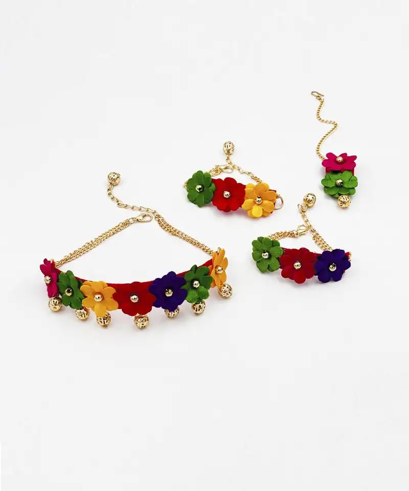 Rangeen floral navratri necklace, 2 bracelets & maang teeka set- multicoloured