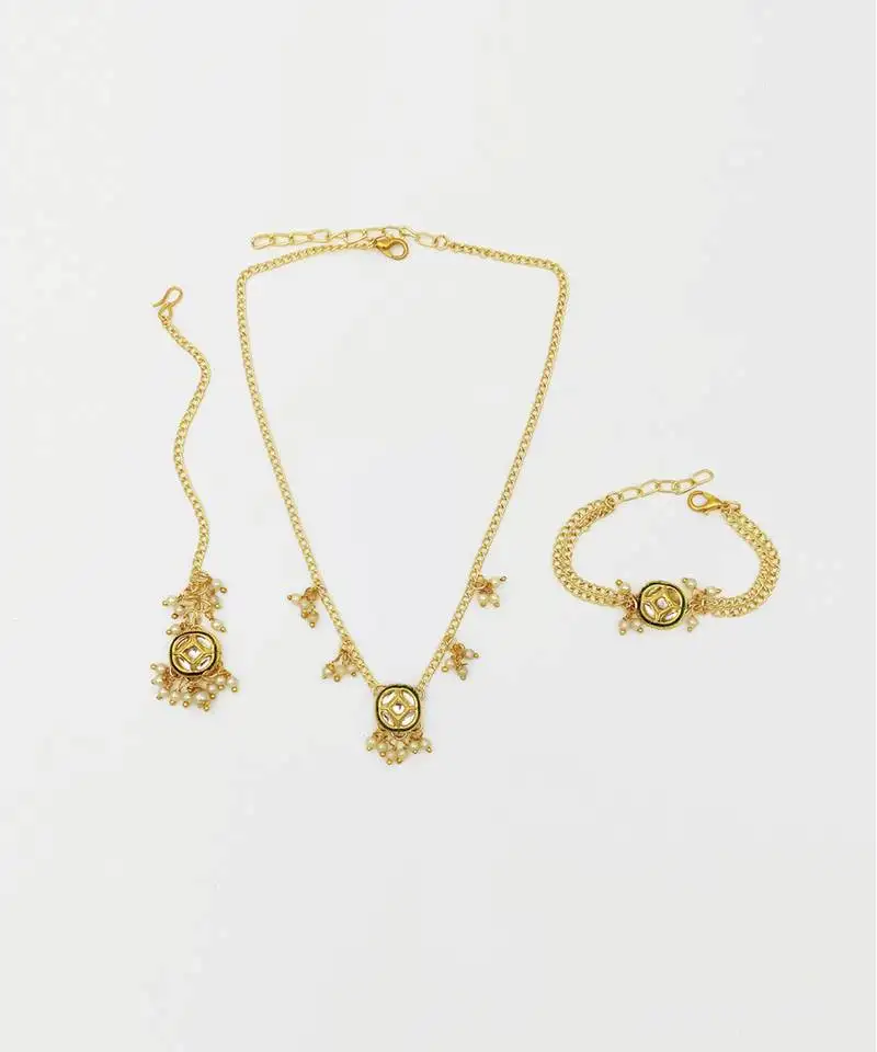 Zeeva kundan & pearl detailed necklace, bracelet & maang teeka set- gold