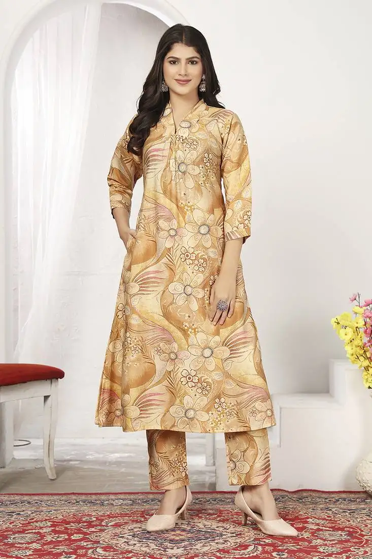 Beige rayon floral printed designer kurti stitched