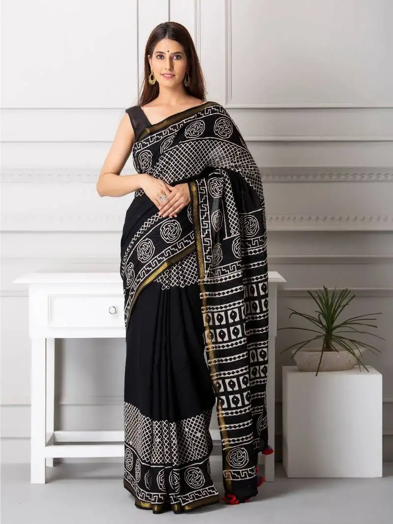 Alyssa handblock printed mul-mul saree