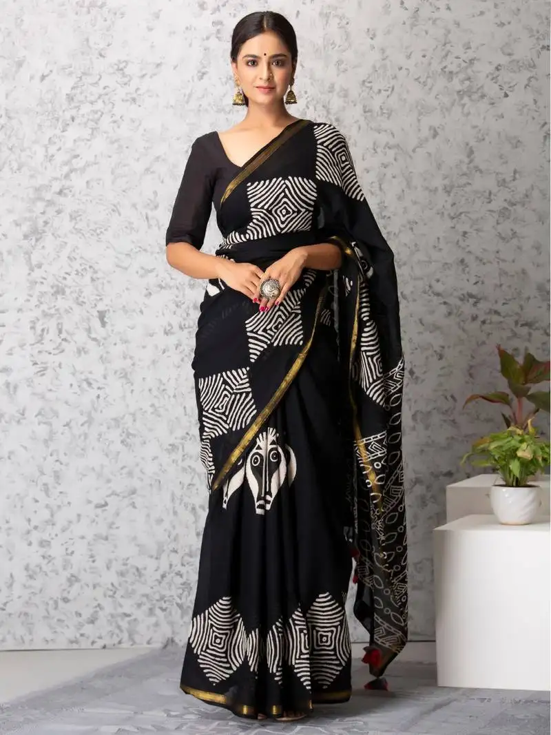 Zoe handblock printed mul-mul saree