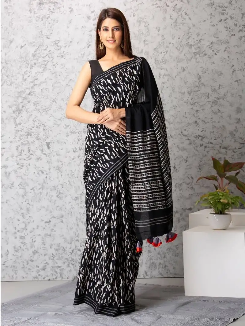Amelia handblock printed mul-mul saree