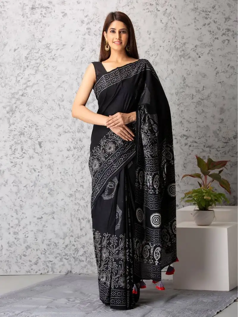 Zoey handblock printed mul-mul saree