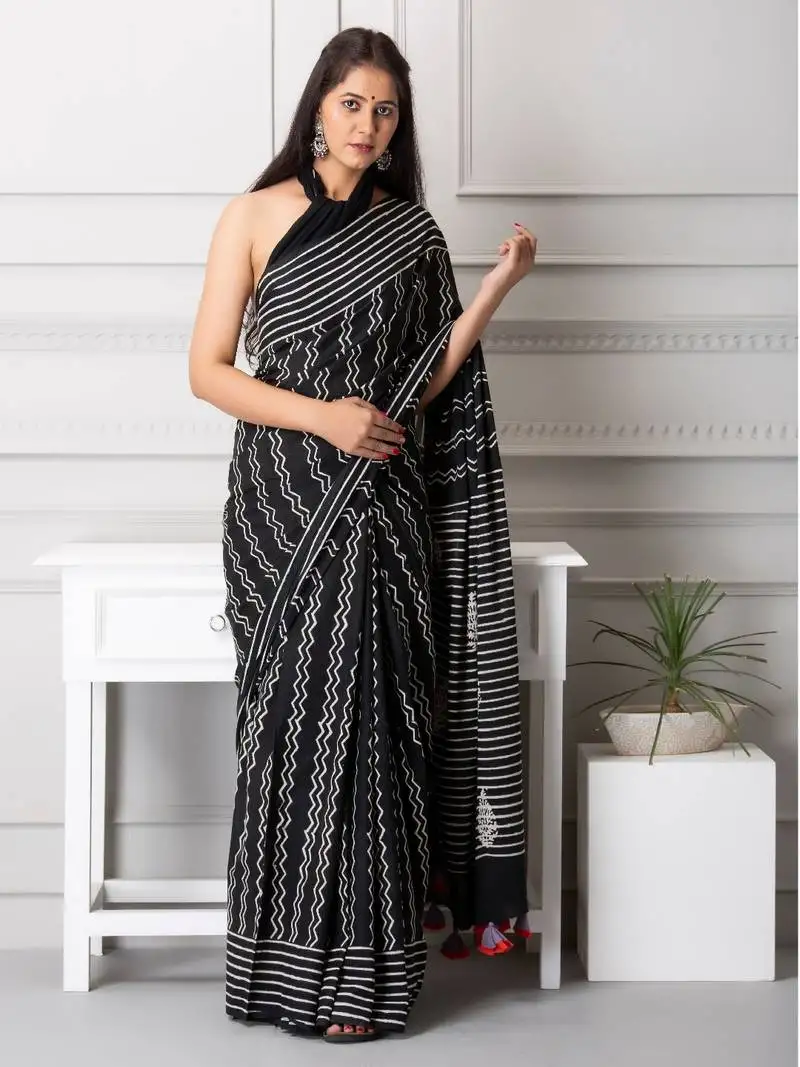 Anna handblock printed mul-mul saree