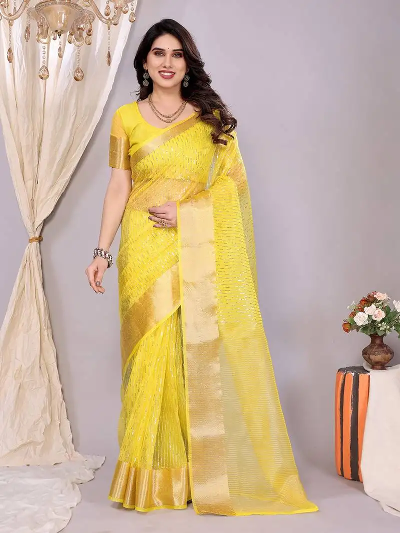 Yellow banarasi art-silk saree