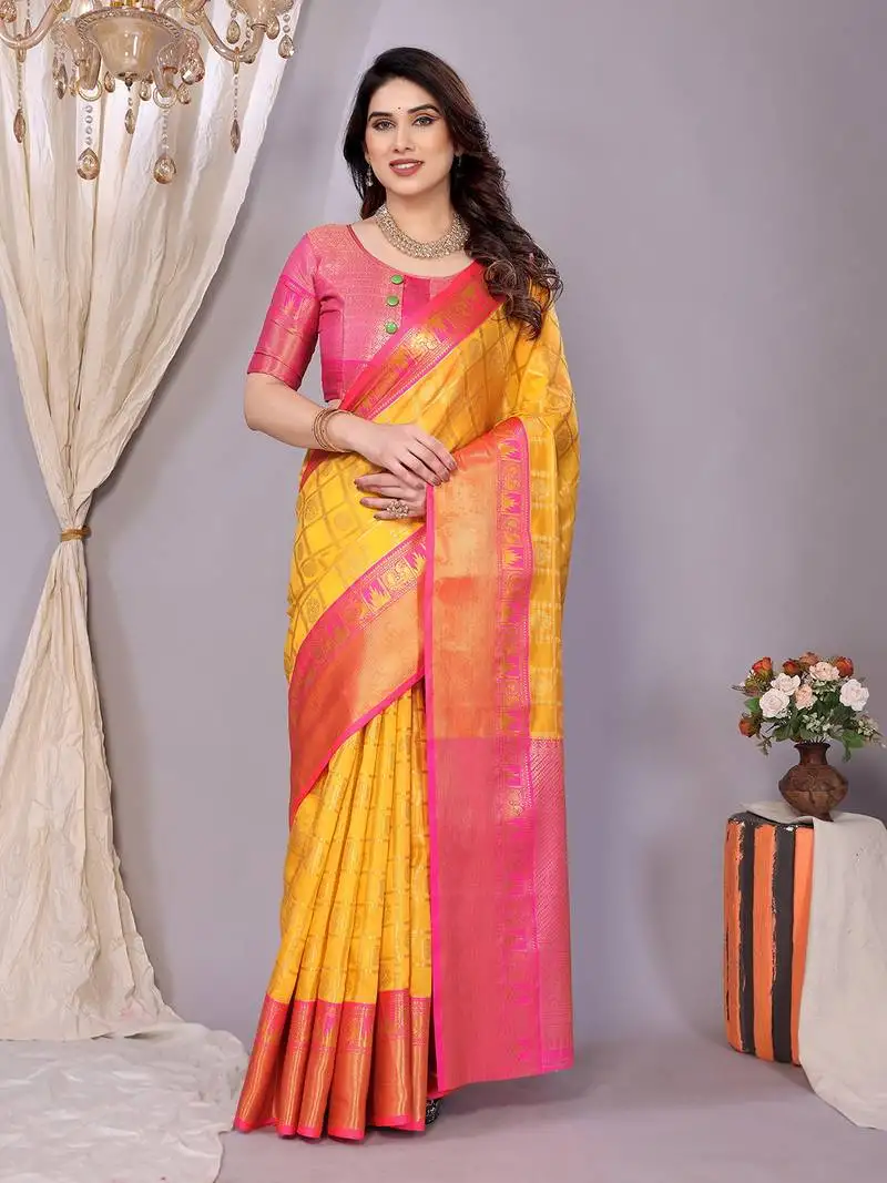 Yellow-pink banarasi art-silk saree