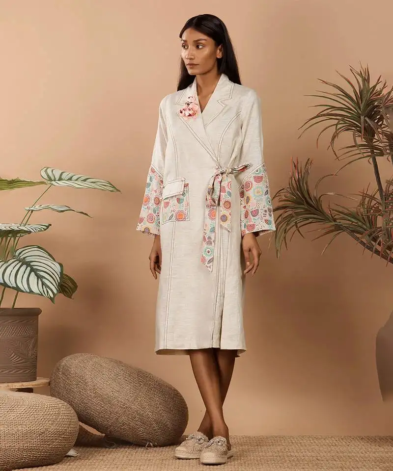 Beige abstract print hand embroidery trench coat