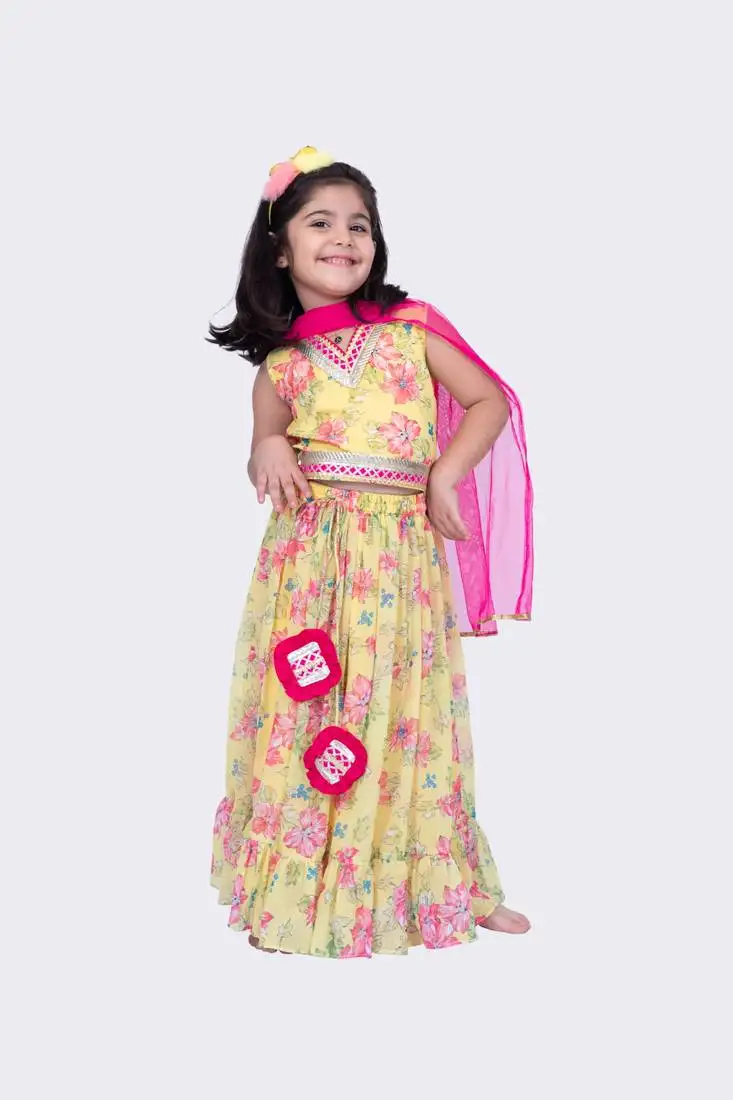 Twisha yellow sleeveless floral printed v neck back open ghaghra choli