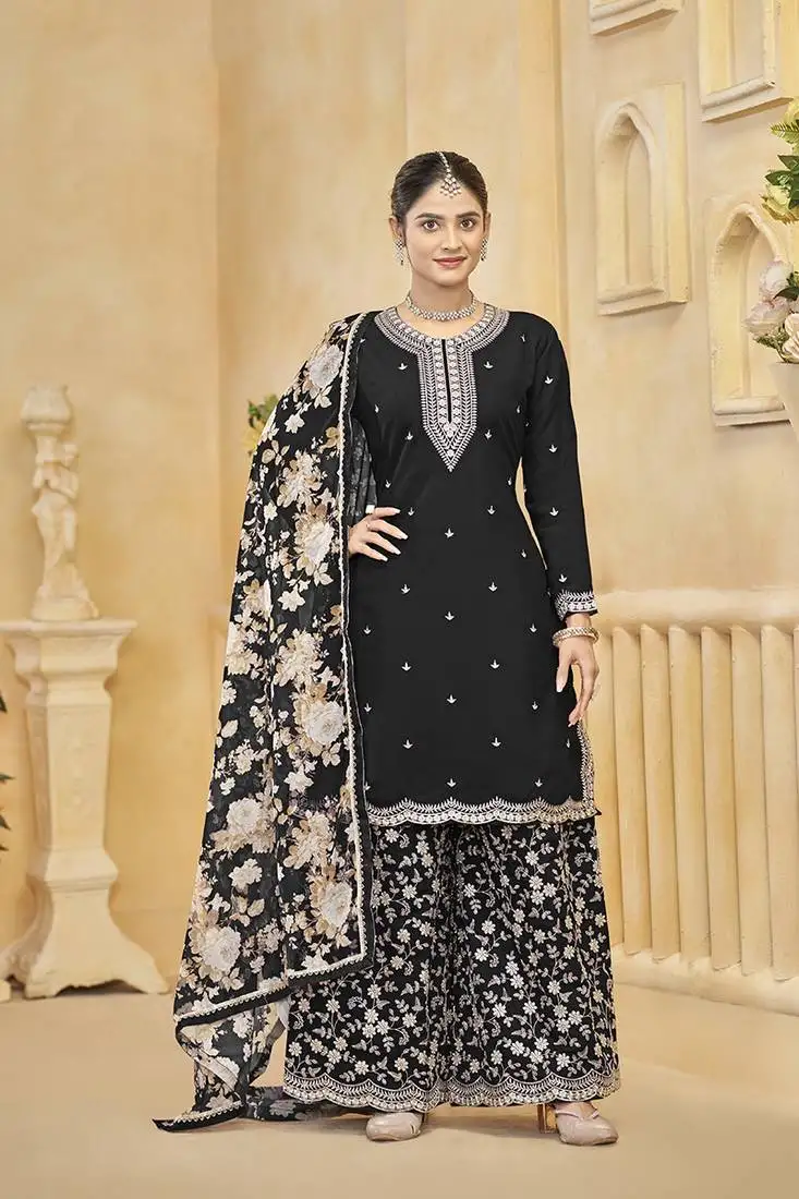 Black embroidered roman silk festival salwar kameez stitched