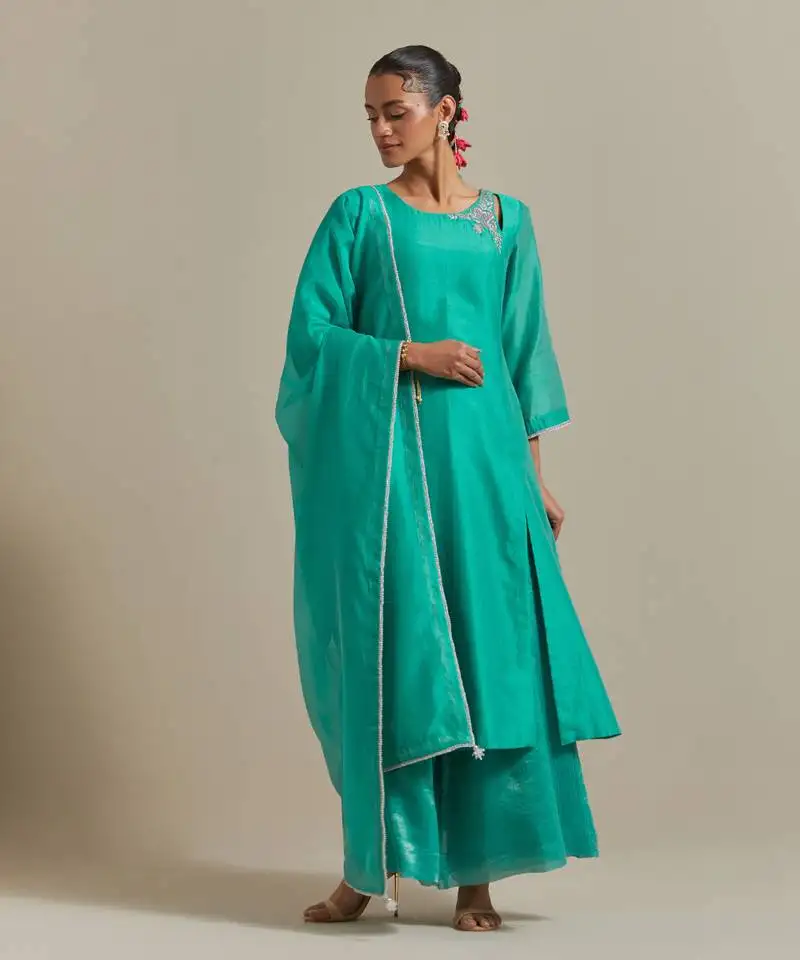 Aqua-blue a-line chanderi handloom kurta set