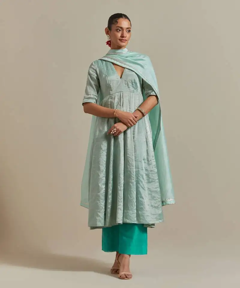 Aqua-blue paneled mint zari anarkali kurta set