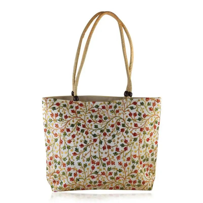 Beige colouful hand embroidery big handbag for women