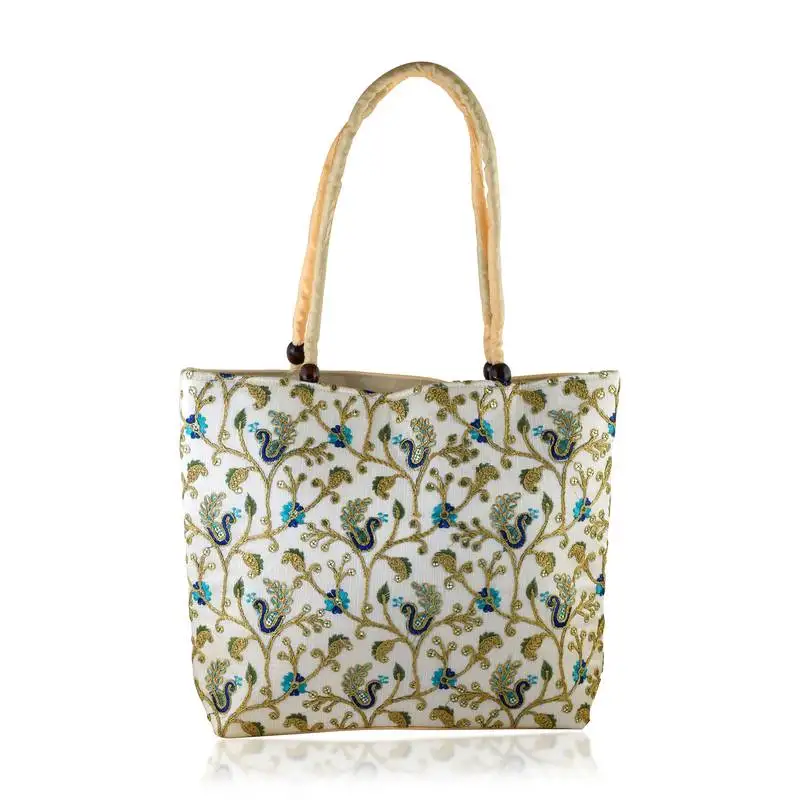 Beige coloured handmade embroidery work big handbag for women