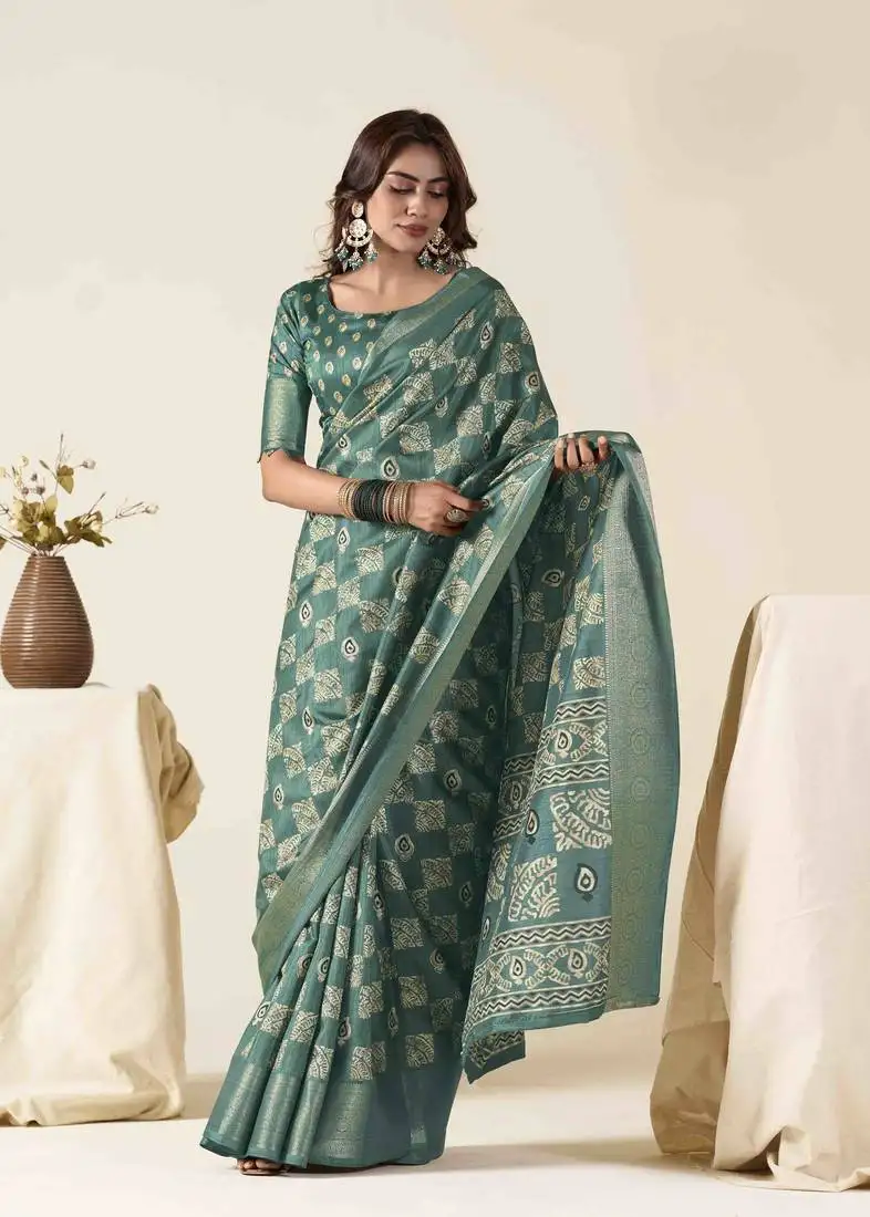 Turquoise zari woven saree with unstitched blouse piece