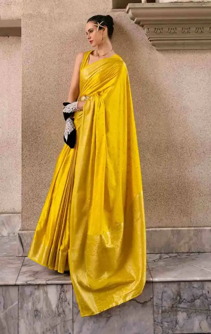 Yellow satin zari woven saree with unstitched blouse piece