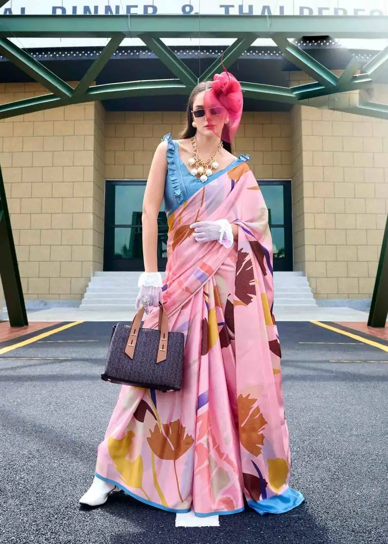 Baby pink satin print saree with unstitched blouse piece