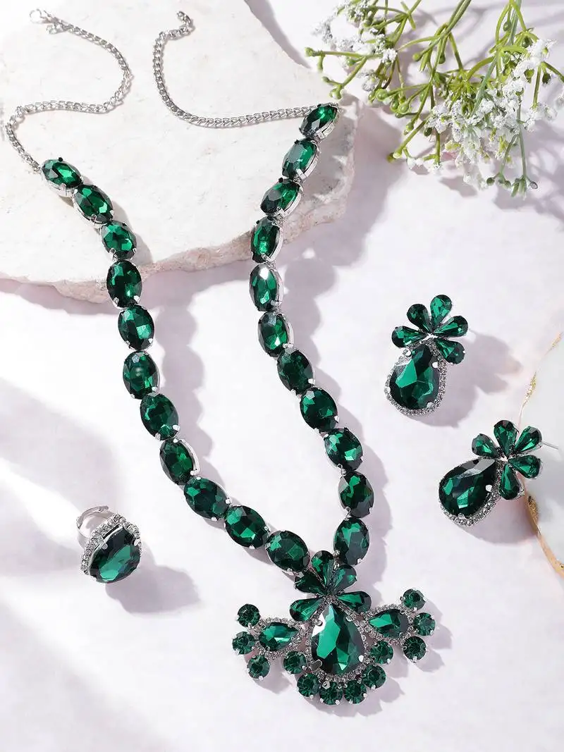 Green color big crystal stone american diamond long jewelry set