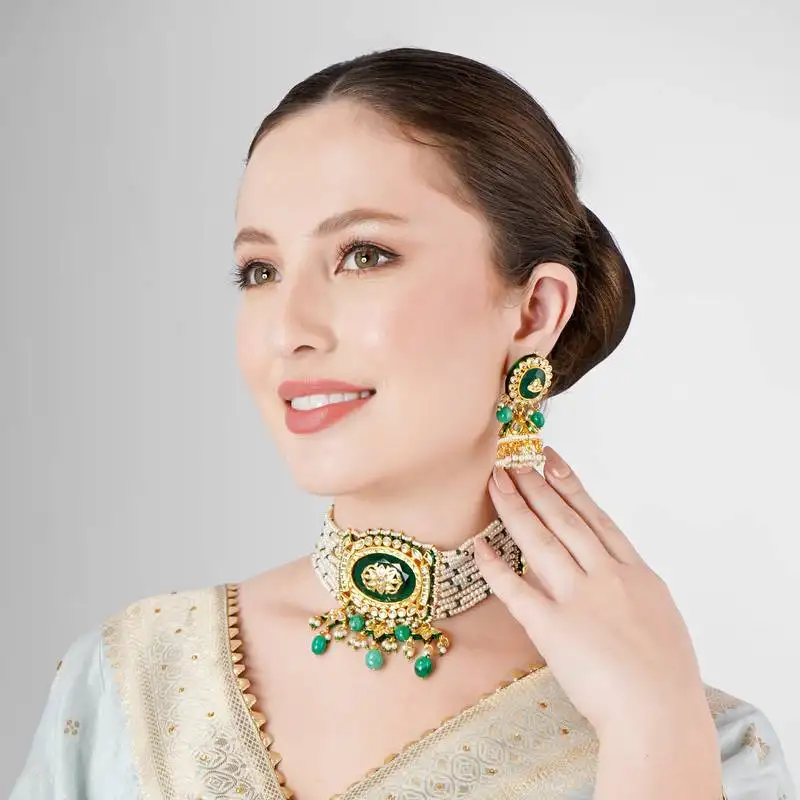 Emerald kundan polki & pearl royal choker necklace