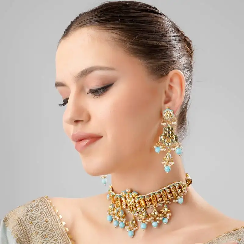 Turquoise kundan polki gold plated choker set