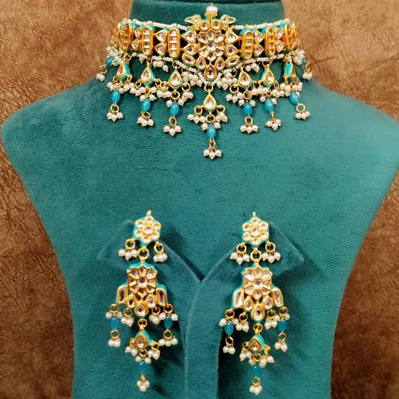 Blue kundan meenakari & pearl choker set