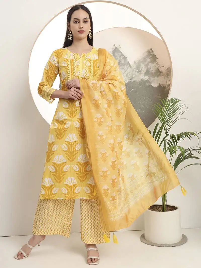 yellow pure cotton straight kurta set with palazzo and dupatta