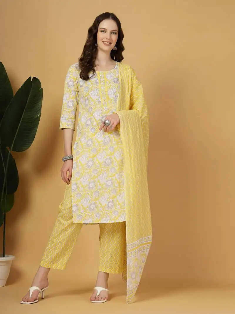 Yellow floral print straight kurta trouser dupatta set