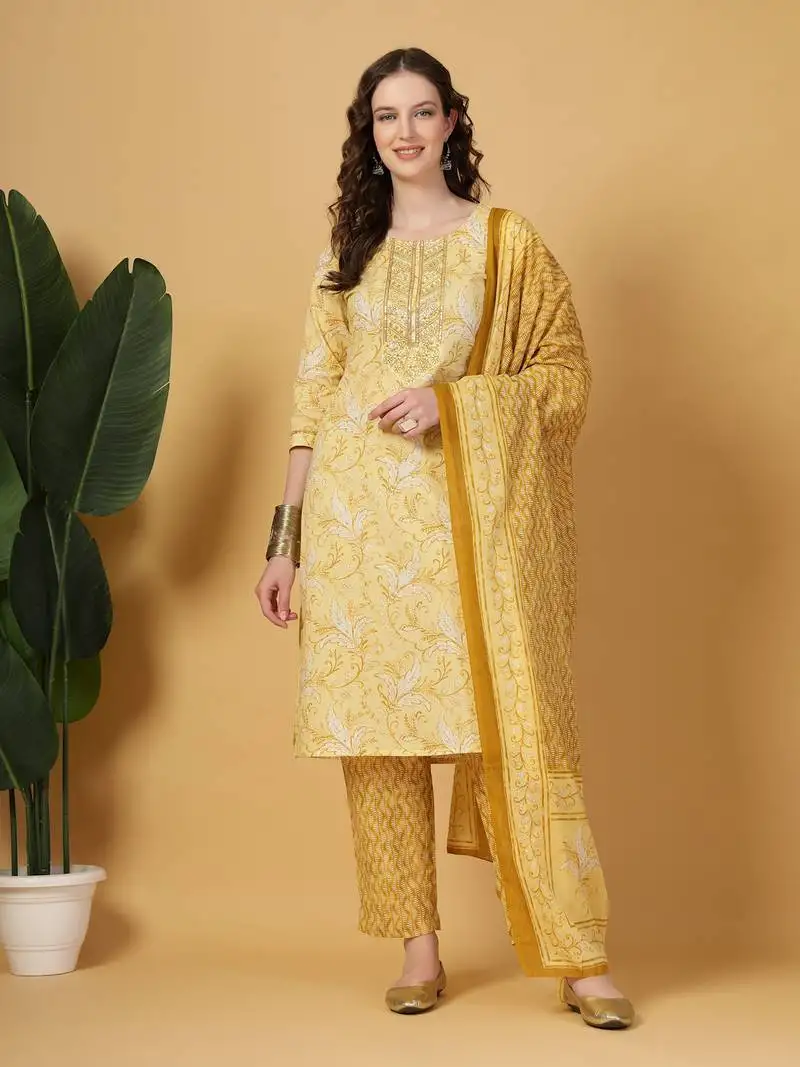 Yellow floral print thread work straight kurta trouser dupatta set