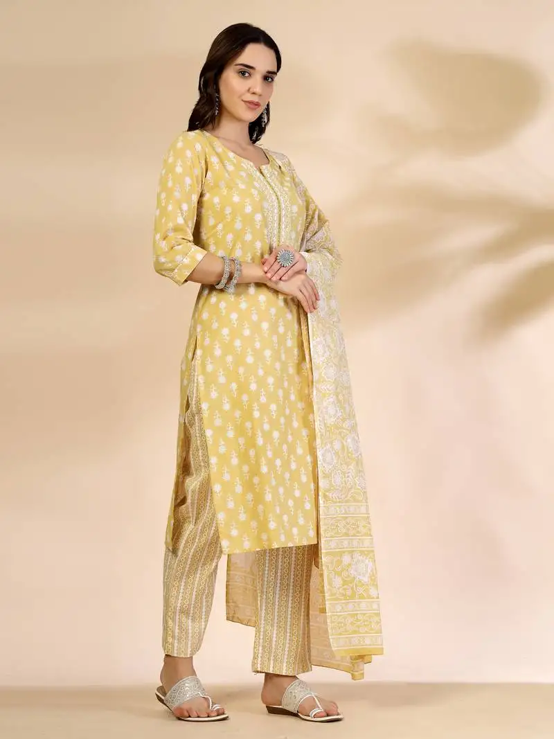 Yellow pure cotton floral,lace work kurta dupatta pant set