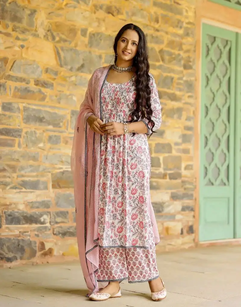 White & pink block printed cotton suit set
